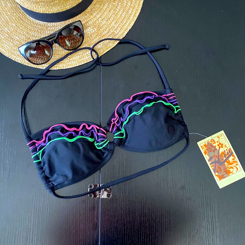 Hobie swim bikini top black with bright multi-color ruffle detail Size Large NWT